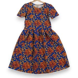 LuLaRoe Womens Dress L Blue Yellow Floral Fit and Flare Skater Cottagecore Retro